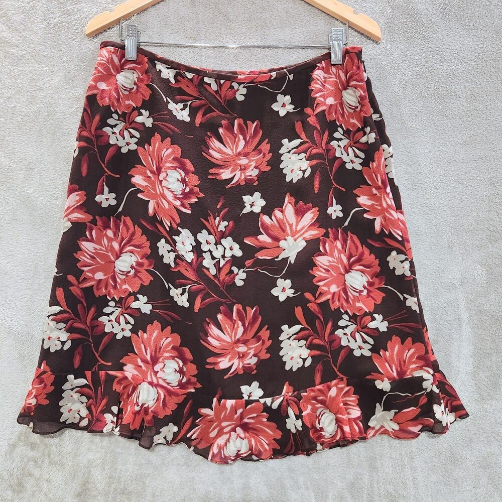 Ann Taylor Vintage Womens 100% Silk Brown Floral Midi Skirt Size 12 Petite Y2K